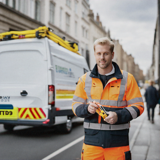 Lightguide fibre optic cable hauling vehicle and technician