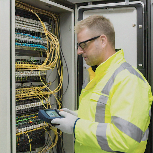 Man testing with an OTDR at an optic fibre patch panel